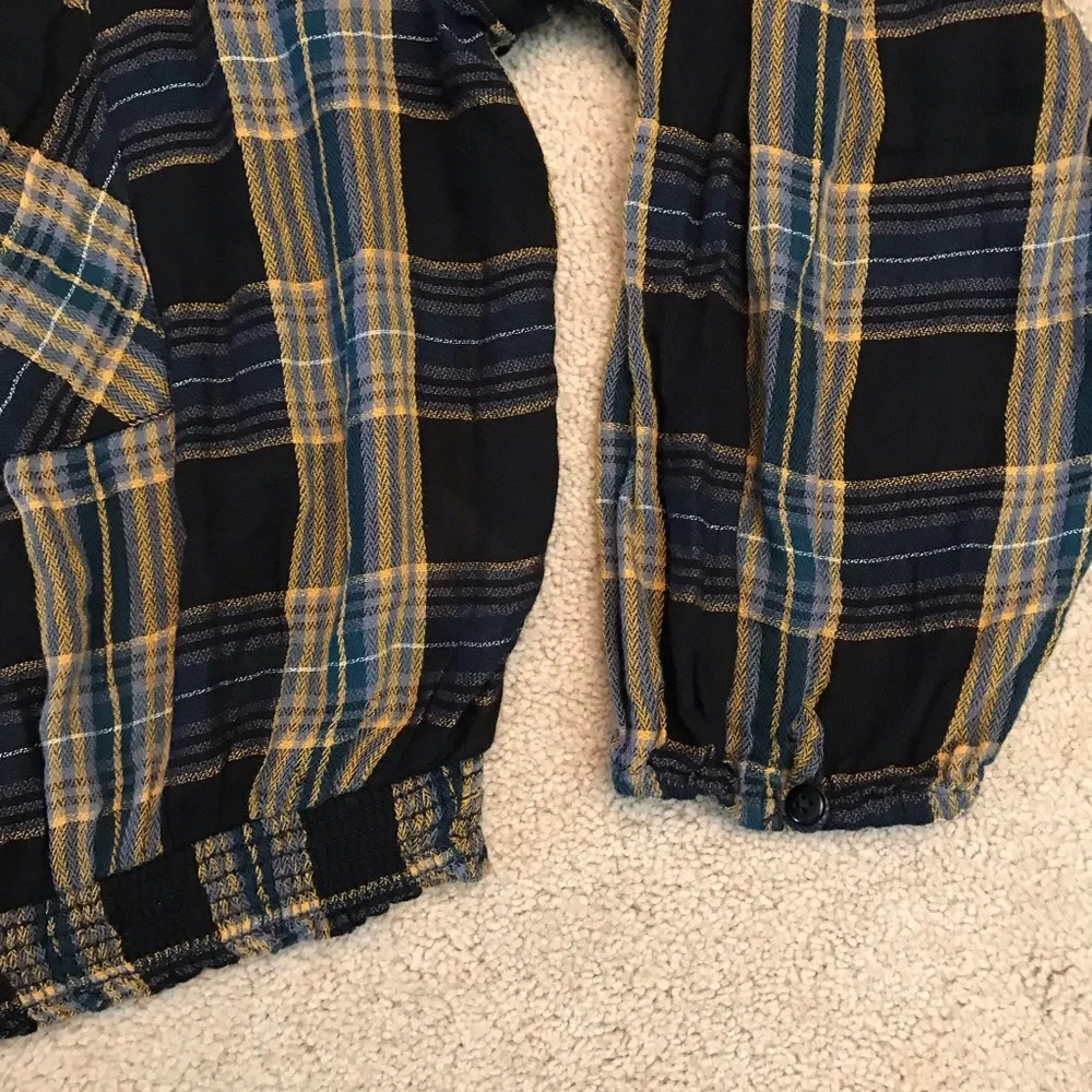 Free People Plaid Crop Top Size L Black Blue Tan Boho Prairie Country Girl Fall